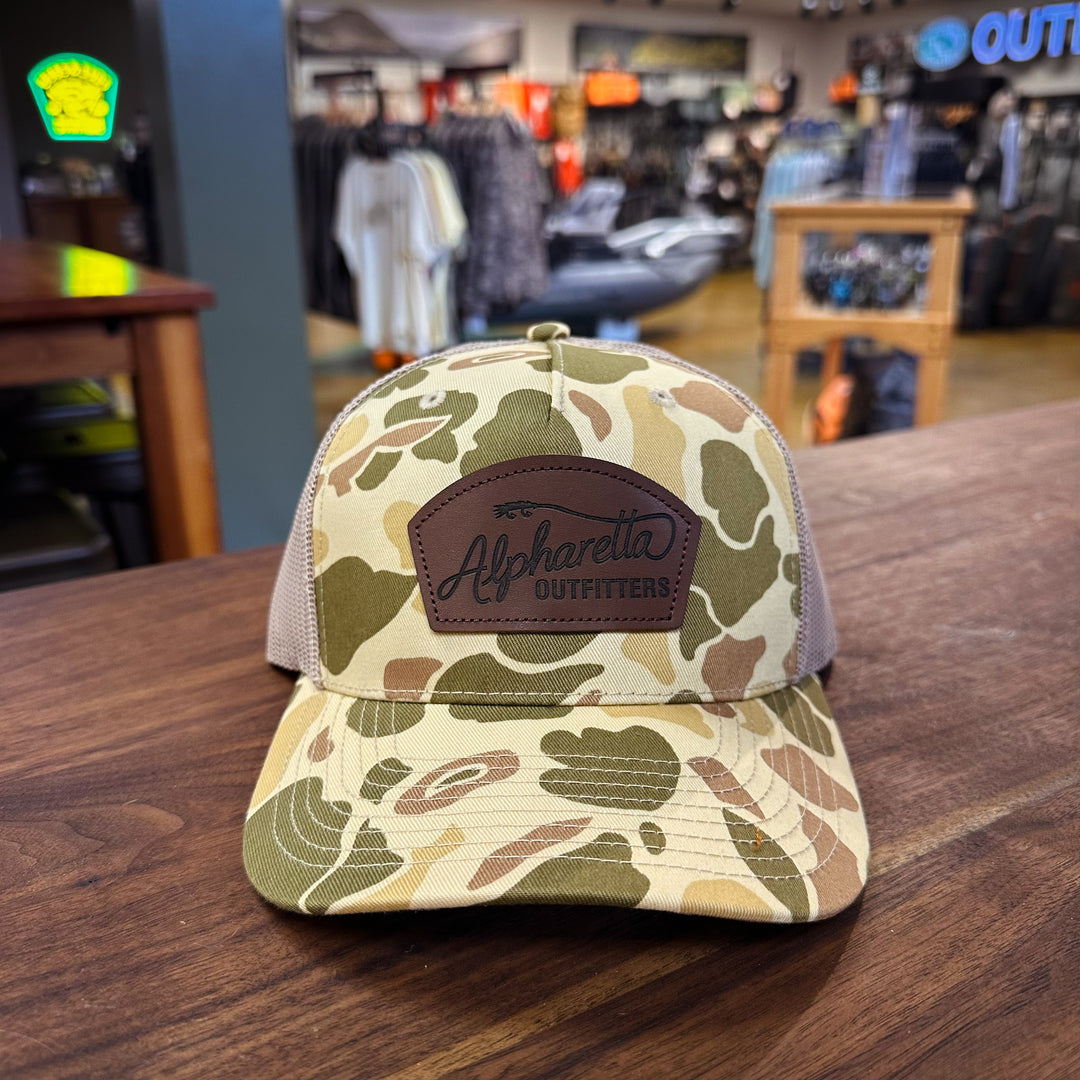 AO Leather Script Hat  - Richardson 112 Harvest Duck Camo / Light Tan