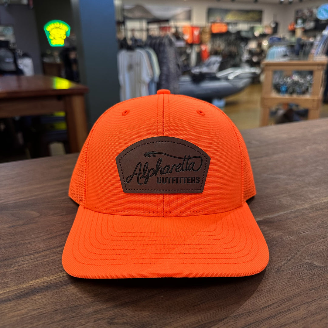 AO Leather Script Hat - Richardson 882 Blaze Orange Trucker