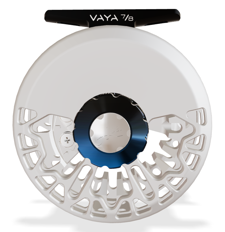 Abel Vaya 7/8 Ported - Satin Platinum - Blue Fade Drag Knob - Black Handle