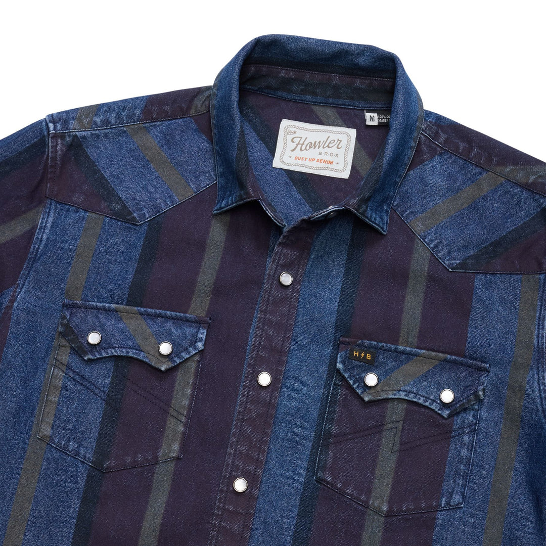 Howler Brothers Dust Up Denim Snapshirt Driver Stripe : Eggplant Image 04